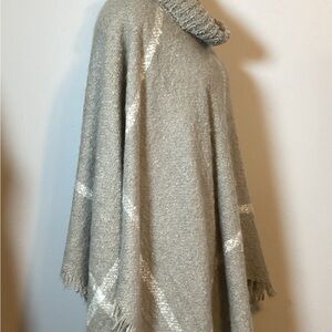 NEUTRAL TONES BOHEMIAN SOFT COZY COWL NECK PONCHO WITH FRINGE EDGES TAUPE/CREAM